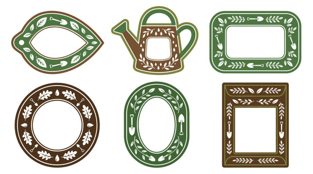 Collection of decorative frames with garden tool and leaf motifs in various shapes and earthy tones