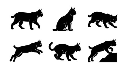 Six Silhouette Lynx Vector Icons, Wild Cat Poses, Feline Animal Graphics, Black and White Wildlife Illustrations © Abdul