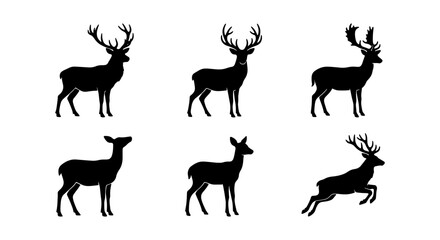 Fototapeta premium Deer Silhouettes Collection, Majestic Stag Icons, Wildlife Vector Art, Forest Animal Graphics, Hunting Symbol Set