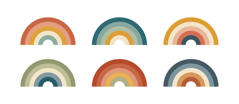 Boho rainbow arch collection with mid century modern shapes retro nursery decor elements and minimalist geometric symbols