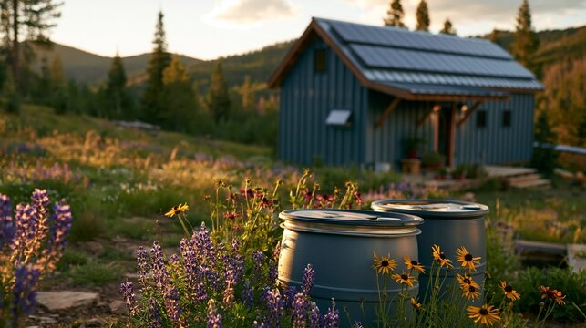 Closeup on rainwater barrels beside a tiny house with bifacial solar tiles sharp focus on barrels and wildflowers while alpine meadow and pine ridges softly fade in a warm golden