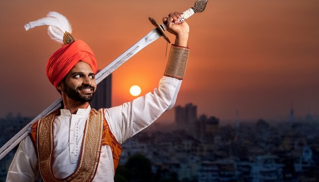 maratha warrior holding sword aloft celebrating maharashtra day with traditional attire and city skyline