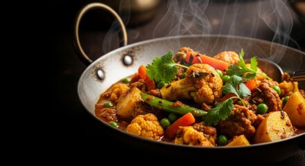 Fototapeta premium Steaming Indian vegetable curry in a traditional kadai with fresh coriander, potatoes, cauliflower, and peas, cinematic lighting