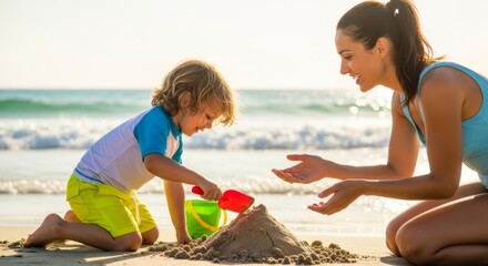 Fototapeta premium Mother and child bonding while building a sandcastle on a sunny beach, capturing joyful family playtime and childhood memories