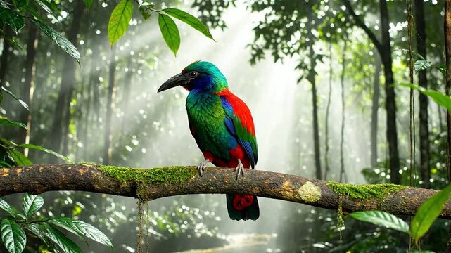 Bird Of Paradise Stretches Both Wings Wide In Lush Rainforest, Illuminated By Cascading Sunlight Beams, Showcasing Vibrant Feathers And Colorful Plumage