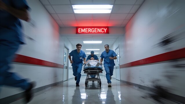 Medical professionals in blue scrubs rushing a patient on a metal gurney down a bright hospital corridor towards the emergency room during a serious crisis