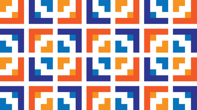 Seamless geometric pattern with abstract corner shapes in blue and orange colors.