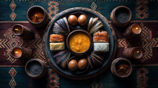 Ceremonial Food Offerings Arranged in Radial Symmetry on Table