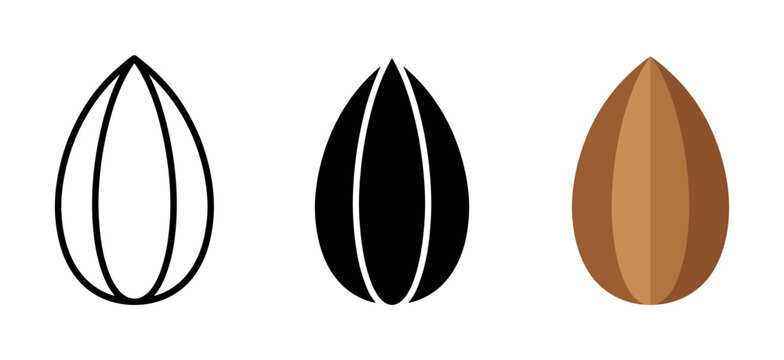 Set of three stylized seed icons: outline, solid black, and brown.