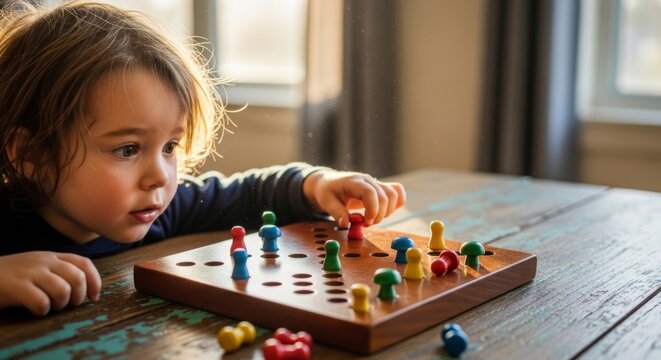 Young child engrossed in peg solitaire game, developing focus and problem-solving skills on a rustic wooden table.