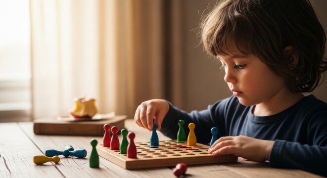 Focused young child playing peg solitaire on wooden table, developing cognitive skills and problem-solving abilities in warm daylight