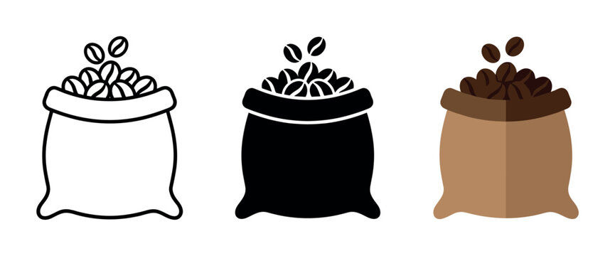 Three different styles of coffee bean sacks, including line art, silhouette, and color illustration