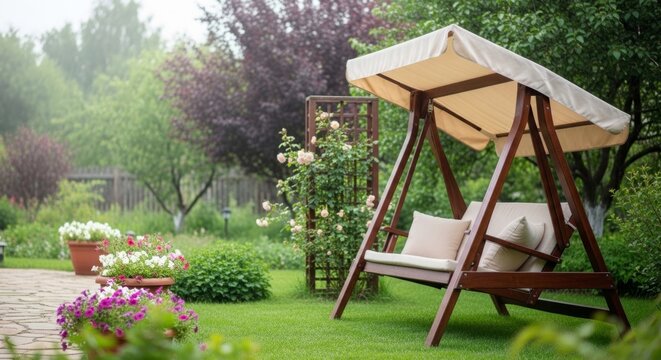 Cozy garden swing on a lush green lawn, offering a peaceful retreat for outdoor relaxation and leisure.