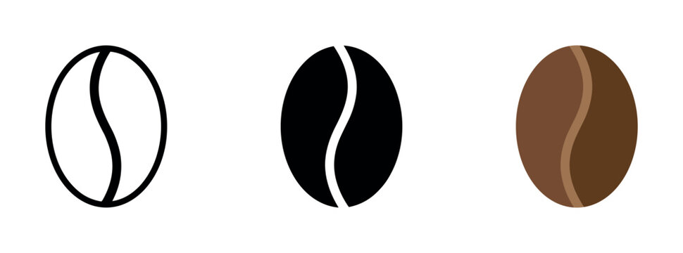 Three coffee bean icons in outline, solid black, and brown colors