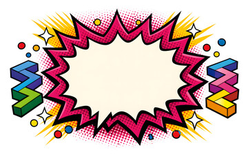 Naklejka premium Comic book speech bubble explosion background with halftone dots and geometric shapes, pop art blank banner for text.
