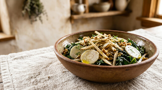 Healthy low-glycemic kale salad with radish slices, seeds and julienned vegetables in rustic ceramic bowl on linen cloth. Insulin-dependent diabetes. Blood sugar level, glucose monitoring copy-space.
