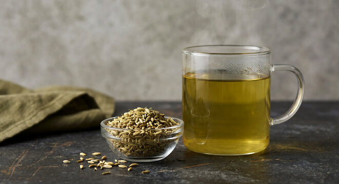 Glass mug of green tea, bowl of loose leaf tea, rustic table setting