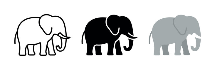 Fototapeta premium Set of three elephant icons in outline, solid black, and gray fill styles