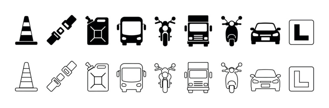 Collection of transportation and safety icons including vehicles, fuel, and traffic symbols