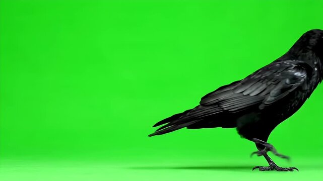 Black common raven standing and walking across a green screen background for compositing