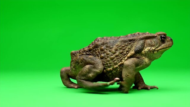 brown toad walking slowly across a green screen background for professional video use