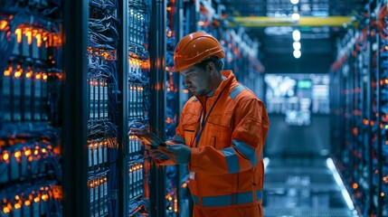 Fototapeta premium Technician inspects lithium backup modules in a quiet edge data center blue ambient lighting highlights the raised floor and cable trays with a glowing live dashboard softly