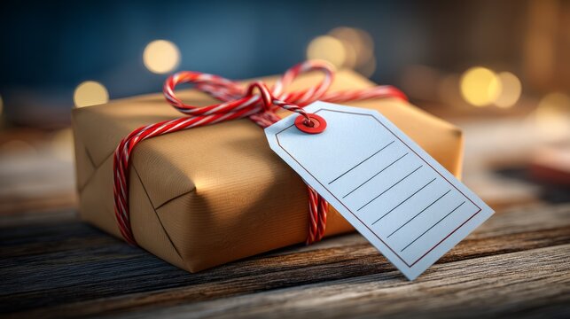 Wrapped Parcel with Tag and Twine on Rustic Wooden Surface