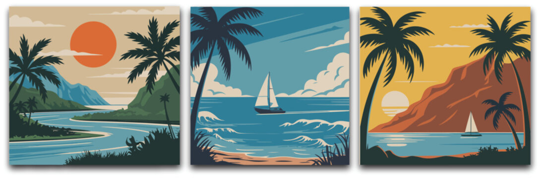 Retro tropical beach triptych icons illustration set, generic palm trees sailboats and mountain scenery for vintage travel graphics.