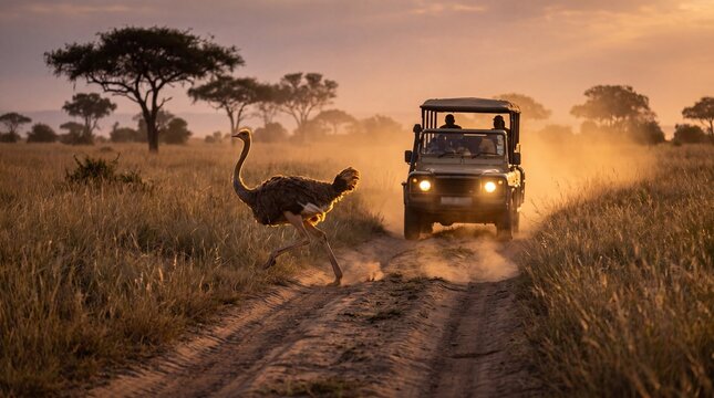An Ostrich on a dusty savanna road at golden sunset, with a safari vehicle in pursuit. Represents the thrill of African wildlife and adventure travel.