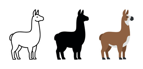 Obraz premium Set of three llama icons in different styles: outline, silhouette, and flat illustration