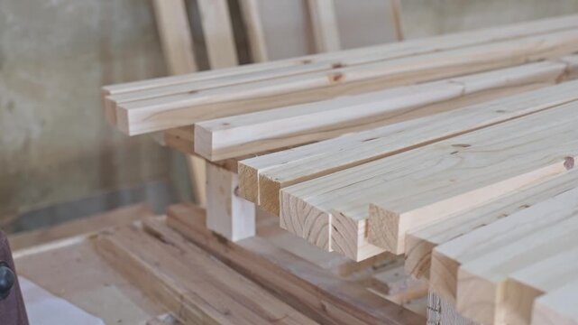 Carpenter arranging pine planks 