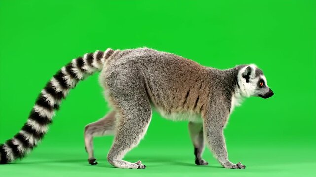 Ring-tailed lemur walking and looking around on a green screen background for compositing