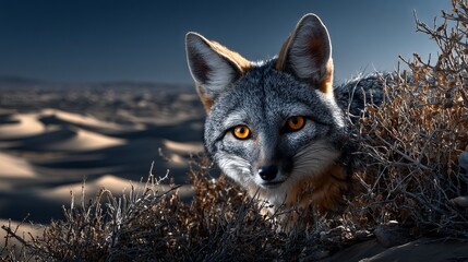 Fototapeta premium Desert Fox Peeking From Behind Shrubs in a Sandy Landscape