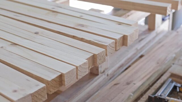 Carpenter arranging pine planks 