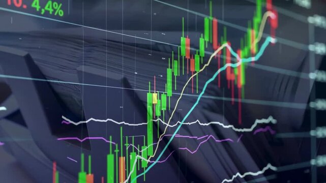 Stock market candlestick charts and line graphs overlaying a cash counting machine processing paper money.