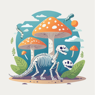 Dinosaur Skeleton and Mushrooms Illustration