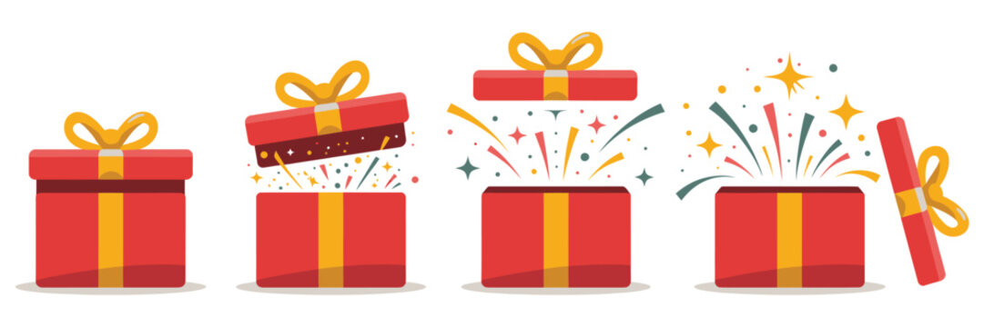 Festive gift box vector graphics featuring open and closed red boxes wrapped with yellow ribbons and bright flying confetti for birthday celebration and holiday party layouts.