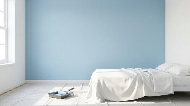 Fresh blue bedroom wall, Interior painting refresh, Calm home renovation scene, Minimal bedroom makeover, Copy space painted wall