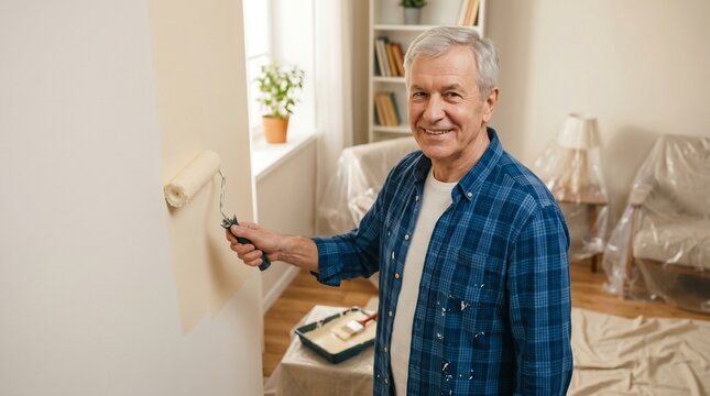 Senior man painting apartment wall, Independent home improvement lifestyle, Cream interior renovation, Positive DIY decorating, Bright clean living space