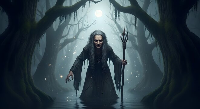 Sinister witch standing in a dark misty swamp forest holding a staff.