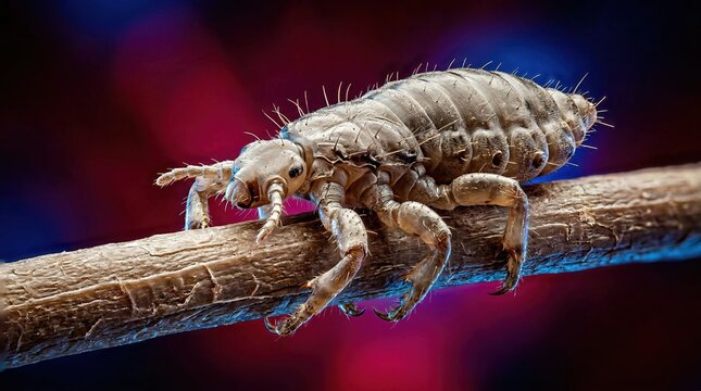 Macro photo of a head louse (Pediculus humanus capitis) on a hair strand. Detailed close up of a parasitic insect causing pediculosis. Hygiene and pest control concept