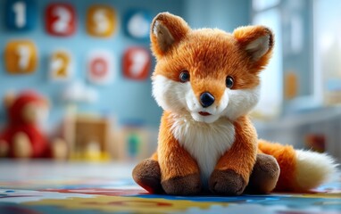 Fototapeta premium Plush Toy Fox in Lively Playroom Surrounded by Colorful Decor