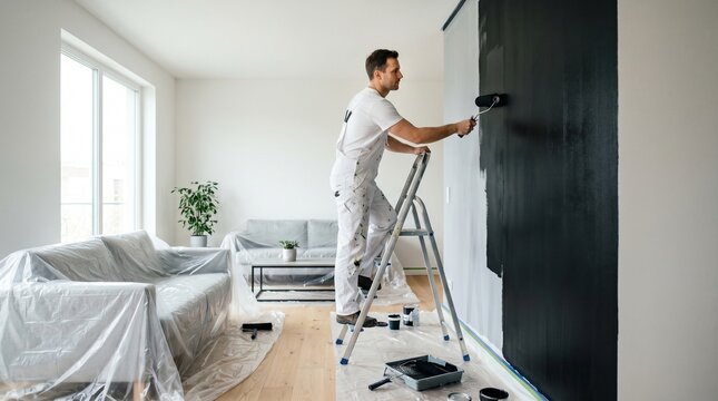 Black accent wall painting, Contemporary living room renovation, Bold interior color update, Professional painter at work, Clean modern home decor