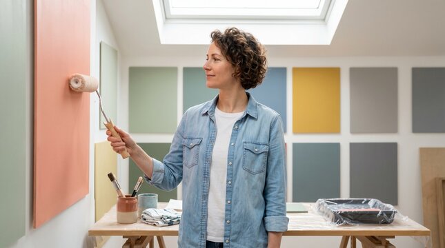 Creative studio paint samples, Coral wall panel renovation, Interior decorator planning colors, Clean artistic workspace, Modern design concept