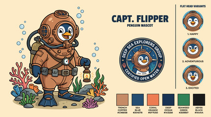 Illustration of a penguin in diving gear. © bay