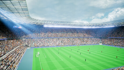 3D illustration of soccer players competing across stadium pitch during daytime. © DC Studio