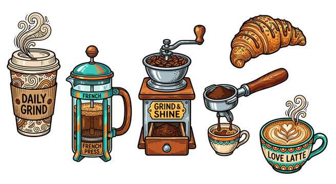 Coffee Lover Sticker Set with French Press, Manual Grinder, Latte Art and Croissant Decals