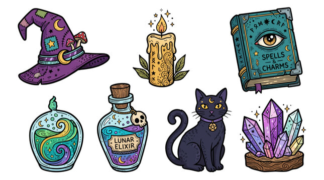 Collection of Mystical Witchcraft Stickers and Decals Featuring Black Cat, Potion Bottles, Spell Book, and Magic Crystals Isolated on Transparent Background