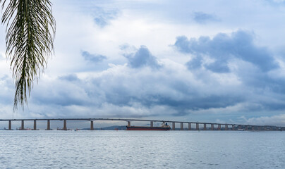 Scenic view of a large suspension bridge crossing a wide bay on an overcast day, featuring a cargo ship navigating the waters. Ideal for travel or infrastructure themes © John_Doo78