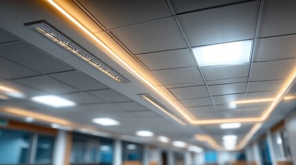 Obraz premium Modern Interior with Reflective Strips in Parallel Lines on Ceiling